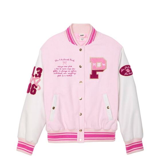 VS PINK x LoveShackFancy Pink and White College Boyfriend Varsity Jacket Size M - Picture 1 of 8